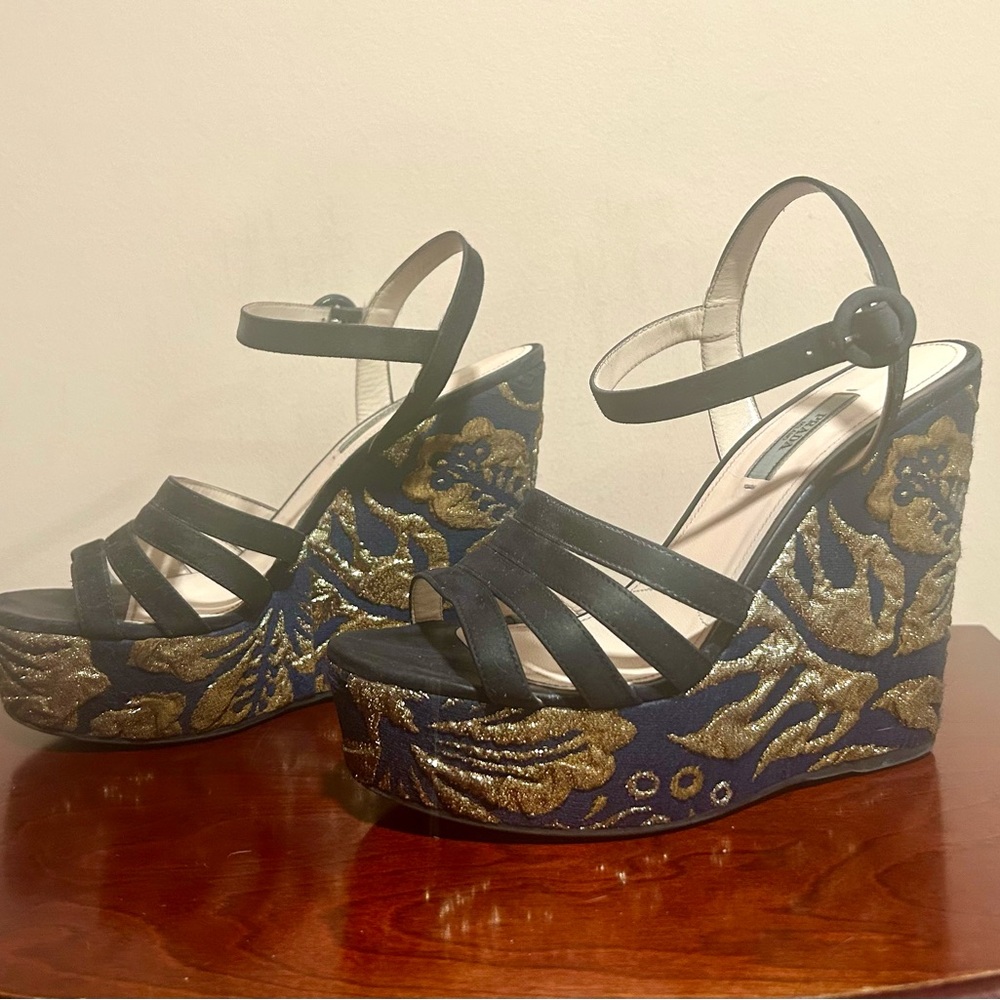Prada Navy and Metallic Gold Suede Wedge Sandals